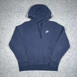 Nike Hoodie Sweatshirt Mens Medium Navy Blue Swoosh Pullover Fleece Sportswear